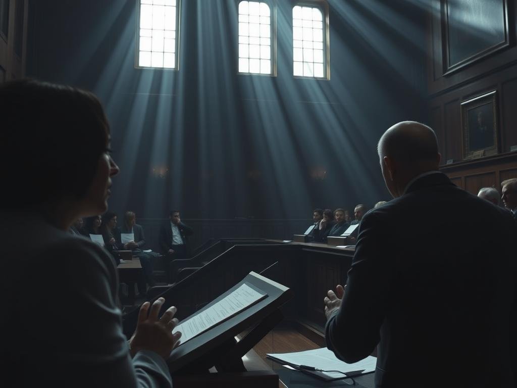 A dimly lit courtroom, the defendant's face in shadow, as the prosecution presents their case. On the stand, a witness testifies, their hands gesturing emphatically. Exhibits are displayed on the judge's bench, meticulously documented evidence casting an aura of gravitas. In the gallery, spectators lean forward, captivated by the unfolding drama. Beams of light filter through the high windows, creating a somber, pensive atmosphere. The scene conveys the weight and seriousness of the proceedings, the stakes high as the truth is sought amidst the complex web of testimony and proof.