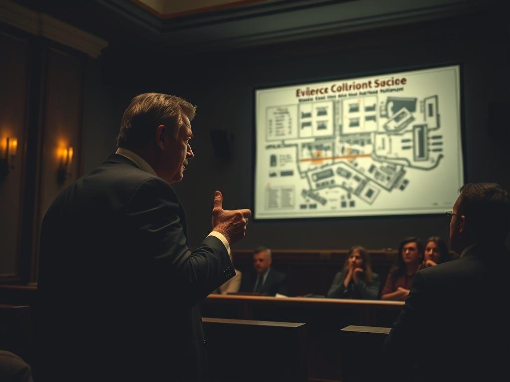 A dimly lit courtroom, the prosecution's case unfolding. At the center, a detailed crime scene diagram projected on the wall, meticulously mapping the location of evidence. In the foreground, a stern-faced prosecutor gesturing emphatically, arguing the connections between the suspect, Holbrook, and the scene. Soft side lighting casts dramatic shadows, heightening the tension. In the background, rows of jurors lean in, scrutinizing the visuals, their expressions a mix of concentration and unease. The overall atmosphere is one of intense focus, as the prosecution seeks to establish a solid link between the defendant and the crime. A dimly lit courtroom, the prosecution's case unfolding. At the center, a detailed crime scene diagram projected on the wall, meticulously mapping the location of evidence. In the foreground, a stern-faced prosecutor gesturing emphatically, arguing the connections between the suspect, Holbrook, and the scene. Soft side lighting casts dramatic shadows, heightening the tension. In the background, rows of jurors lean in, scrutinizing the visuals, their expressions a mix of concentration and unease. The overall atmosphere is one of intense focus, as the prosecution seeks to establish a solid link between the defendant and the crime.