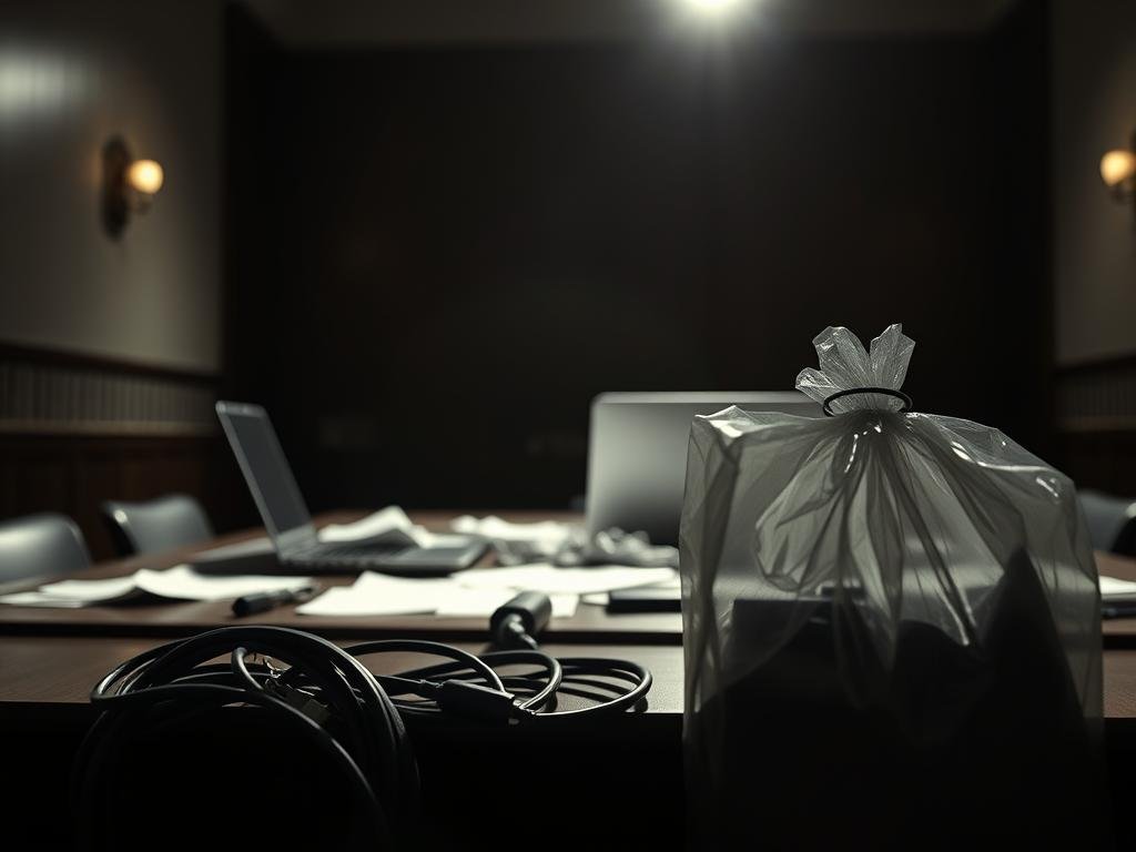 A dimly lit courtroom with a single spotlight shining on a desk, casting dramatic shadows. The desk is cluttered with a laptop, scattered papers, and a magnifying glass, hinting at the careful examination of digital evidence. In the foreground, a set of computer cables and a forensic evidence bag convey the importance of digital forensics. The background is blurred, emphasizing the focus on the desk and the digital clues it holds. The lighting is moody and suspenseful, creating a sense of tension and the weight of the matter at hand.