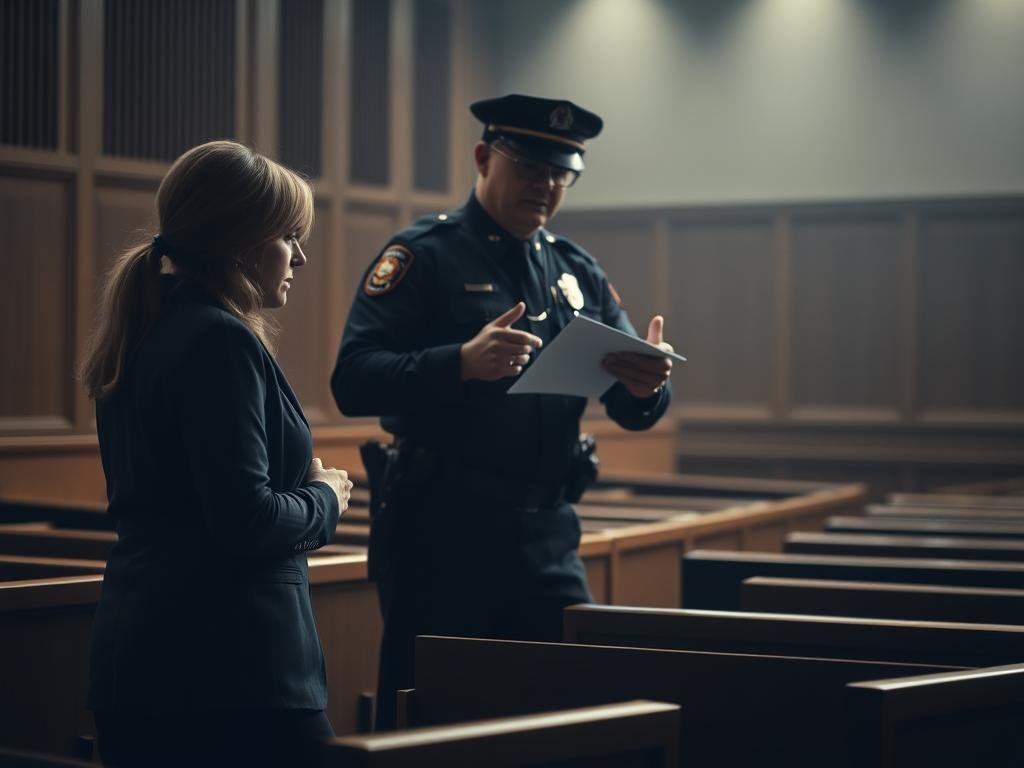 A dimly lit courtroom with high ceilings and wooden benches. In the foreground, a victim advocate stands, offering support and guidance to a person seated beside them, their face obscured in shadow. In the middle ground, a police officer in uniform gestures emphatically, providing information and resources. The background is hazy, suggesting the gravity and complexity of the legal proceedings. Soft, muted lighting casts a somber tone, emphasizing the solemnity of the situation. The composition conveys a sense of collaboration and care, guiding the viewer towards the core of the scene - the victim's journey through the legal system, supported by those committed to justice and healing.