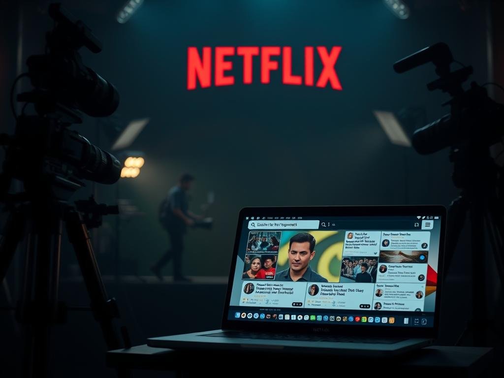 A dimly lit documentary studio, cameras and lighting rigs positioned to capture a serious news segment. In the foreground, a laptop screen displays a series of trending searches related to the Netflix documentary, the content flowing dynamically. The middle ground features a news anchor delivering a report, their face illuminated by the glow of the screen. In the background, a large Netflix logo looms, casting a soft, ambient light over the scene. The overall atmosphere is one of investigative journalism, the mood serious and introspective, inviting the viewer to explore the media landscape surrounding the documentary's subject matter.