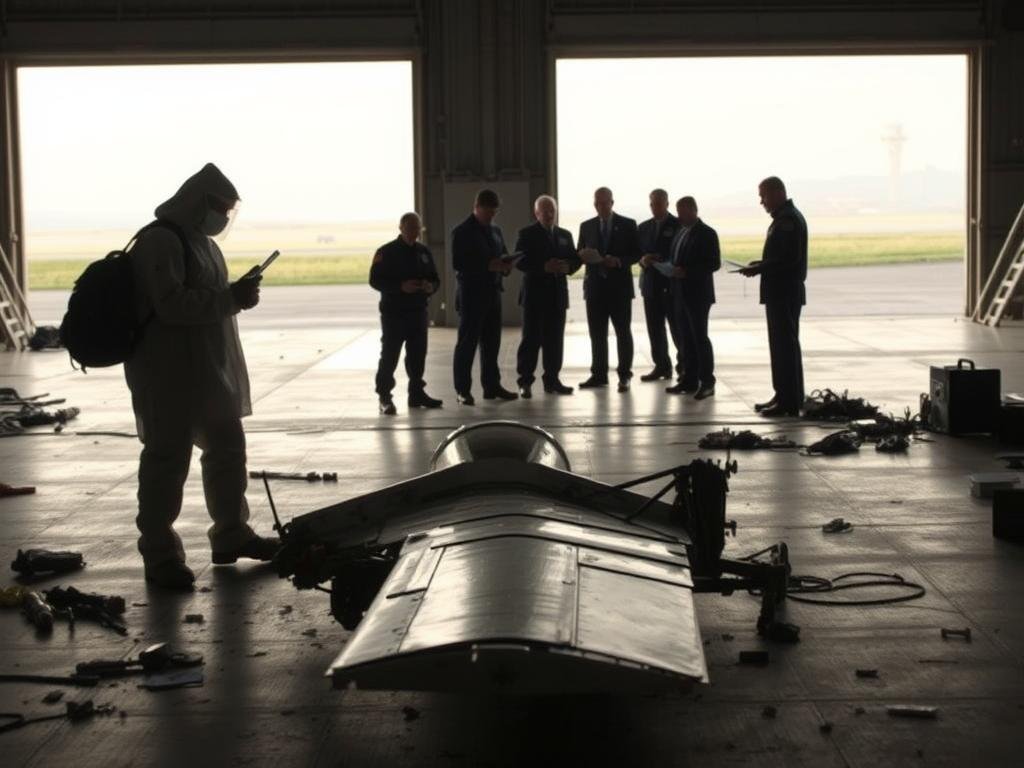A dimly lit hangar interior, with scattered tools and equipment. In the foreground, two investigators in protective gear examine the wreckage of a small plane, meticulously documenting and analyzing the evidence. In the middle ground, a team of NTSB and FAA officials confer, poring over reports and photographs. The background is hazy, with the faint outline of a control tower visible through the open hangar doors, suggesting the broader context of the airport facility. The scene conveys a sense of seriousness, precision, and the painstaking work required to uncover the causes of the tragic accident.
