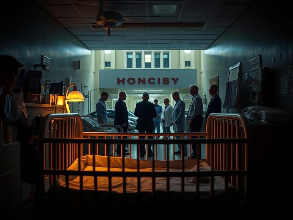 A dimly lit hospital room, the warm glow of medical equipment casting a soft light over the scene. In the foreground, a crib sits empty, a stark contrast to the bustling activity surrounding it. In the middle ground, concerned medical staff and law enforcement officials gather, piecing together the events of a newborn's mysterious disappearance. In the background, the hospital's imposing facade looms, a silent witness to the unfolding mystery. The atmosphere is one of unease and uncertainty, as the search for the missing child intensifies. Dramatic lighting and a cinematic camera angle convey the gravity of the situation, setting the stage for the dramatic events that would unfold in the Kamiyah Mobley case.
