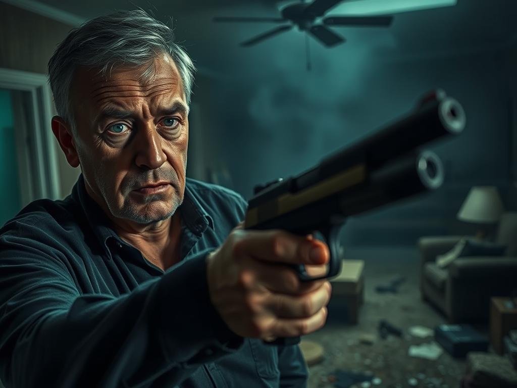 A dimly lit interior space, the air thick with tension. In the foreground, a distraught middle-aged man, Don Spirit, holding a firearm with a trembling hand. His face etched with anguish, eyes wild and unfocused. In the middle ground, the scene of a confrontation - overturned furniture, shattered glass, a sense of chaos and desperation. The background is hazy, blurred, conveying the urgency and gravity of the moment. Soft, dramatic lighting casts dramatic shadows, adding to the somber, unsettling atmosphere. The image captures the tragic culmination of a desperate act, a moment frozen in time, the calm before the storm.