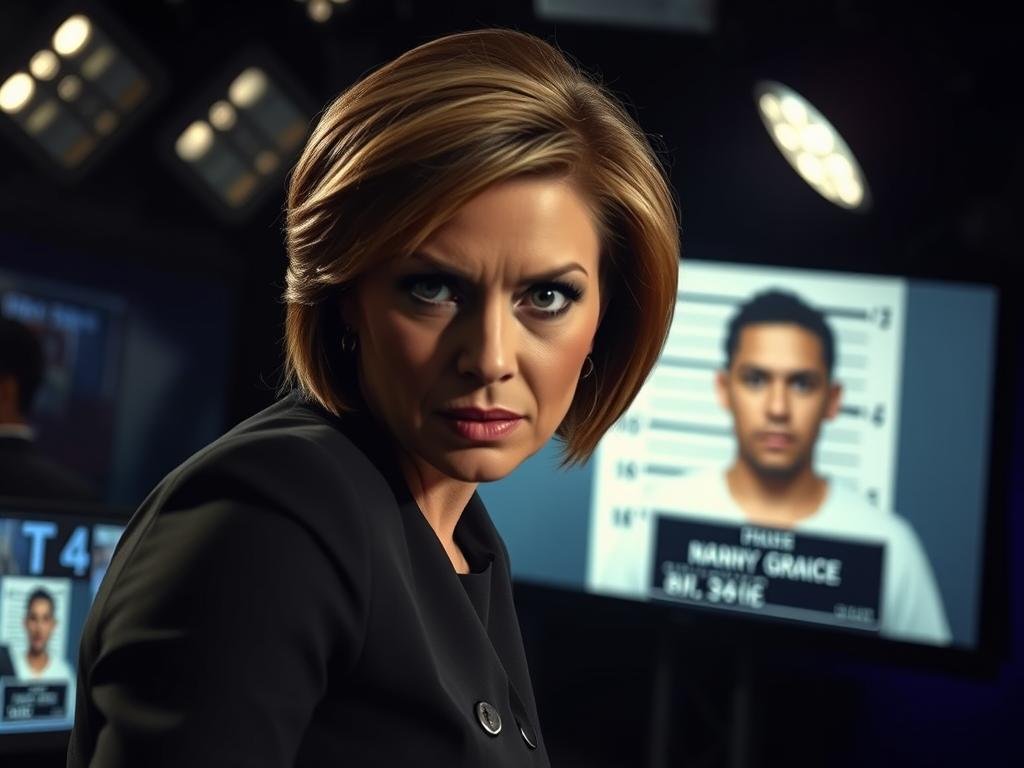 A dimly lit news studio, with a tense and dramatic atmosphere. In the foreground, a female news anchor leans forward, eyes narrowed, lips pursed, conveying a sense of intensity and accusation. Behind her, a large, blurred video screen displays a mugshot-style image, hinting at the underlying news story. The lighting is harsh, casting dramatic shadows across the anchor's face, heightening the sense of confrontation. The camera angle is slightly low, giving the impression of the anchor towering over the viewer, heightening the sense of drama and tension. The overall mood is one of a heated, emotional media moment, capturing the essence of a "Nancy Grace moment" in the context of the missing boy news story.