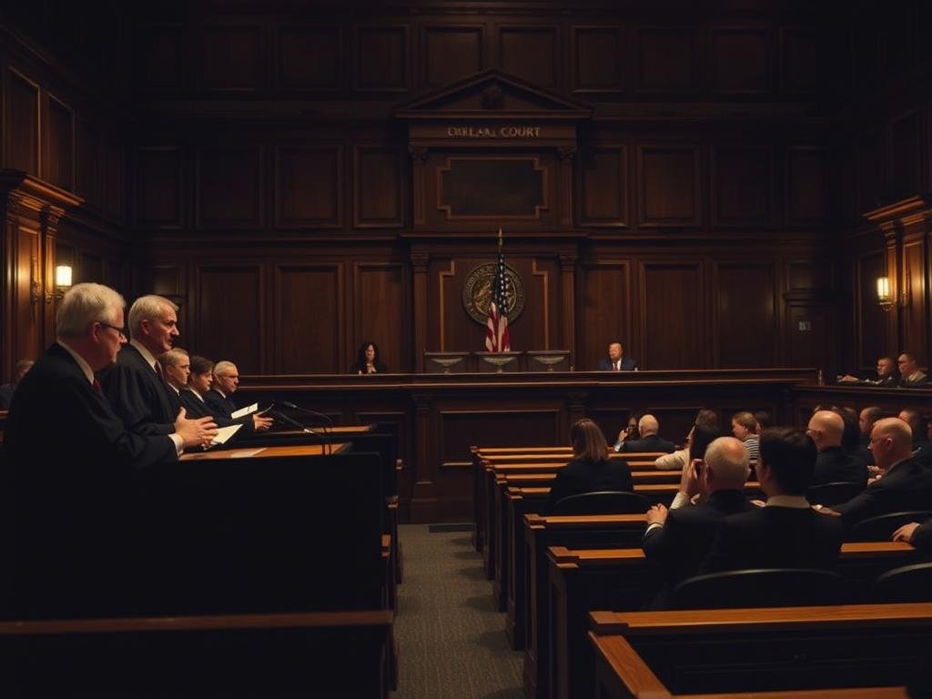 A dimly lit, oak-paneled courtroom in the Florida Supreme Court. In the foreground, a bench of stern-faced justices intently listening to the oral arguments of a defense lawyer, their robes casting long shadows. The lawyer stands at the podium, gesturing emphatically as they make their case. In the middle ground, rows of wooden benches are filled with attentive observers, their faces illuminated by the soft glow of task lighting. The background is shrouded in a sense of gravity, the high ceilings and ornate architecture lending an air of gravitas to the proceedings. The atmosphere is one of solemn contemplation, as the justices carefully weigh the merits of the appeal.