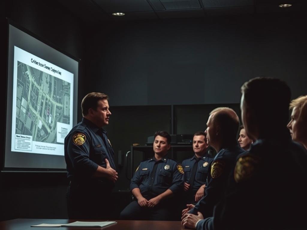 A dimly lit police briefing room, with a projection screen illuminating the faces of a team of law enforcement officers. Sgt. M. Highfill stands at the front, gesturing towards a detailed crime scene map, his expression somber as he delivers his report. The room has a serious, investigative atmosphere, with subtle shadows and muted tones creating an air of gravitas. The officers lean in, focused and attentive, as Highfill's words paint a vivid picture of the unfolding events. The scene conveys a sense of urgency and determination to uncover the truth.