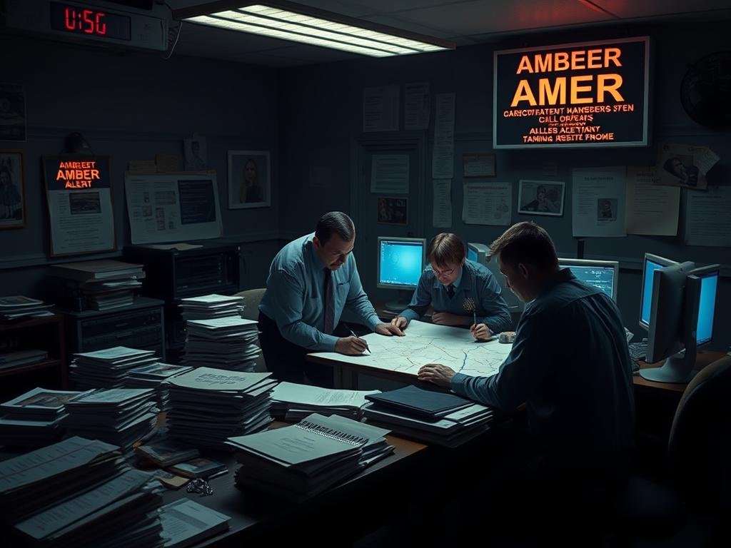 A dimly lit police station, the atmosphere tense with the weight of an ongoing investigation. Across the desks, stacks of case files and photographs lay scattered, evidence of the relentless search for leads and tips. On the walls, an AMBER Alert status board flashes with the latest updates, a glimmer of hope in the darkness. Detectives huddle around a map, tracing potential routes, their expressions etched with determination. The room is illuminated by the glow of computer screens, casting a soft, eerie light over the proceedings, as the team works tirelessly to uncover the truth and bring the missing child home. A dimly lit police station, the atmosphere tense with the weight of an ongoing investigation. Across the desks, stacks of case files and photographs lay scattered, evidence of the relentless search for leads and tips. On the walls, an AMBER Alert status board flashes with the latest updates, a glimmer of hope in the darkness. Detectives huddle around a map, tracing potential routes, their expressions etched with determination. The room is illuminated by the glow of computer screens, casting a soft, eerie light over the proceedings, as the team works tirelessly to uncover the truth and bring the missing child home.