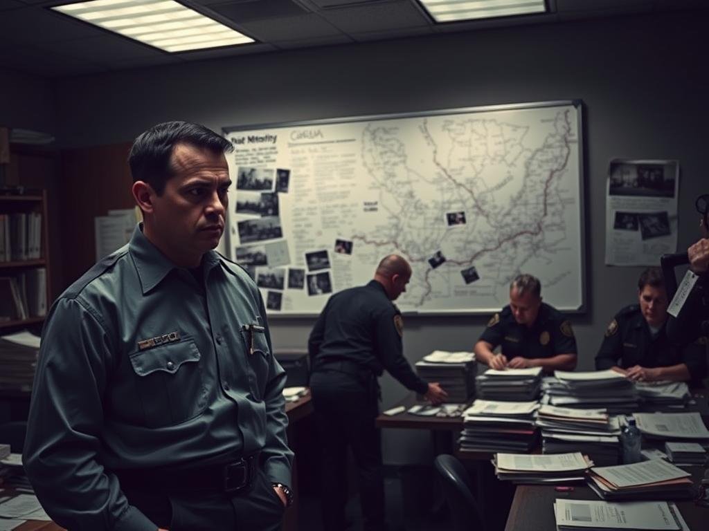 A dimly lit police station, with officers poring over case files and evidence on a cluttered desk. In the foreground, a detective in a crisp uniform stands, brow furrowed, deep in thought. The middle ground shows a wall-mounted whiteboard covered in scribbled notes and photographs, hinting at the complexity of the ongoing investigation. In the background, a large map of the local area is partially obscured by shadows, suggesting the far-reaching scope of the case. Muted tones and a sense of urgency pervade the scene, conveying the persistence and dedication of the law enforcement team as they work to uncover the truth behind the Crestview disappearance. A dimly lit police station, with officers poring over case files and evidence on a cluttered desk. In the foreground, a detective in a crisp uniform stands, brow furrowed, deep in thought. The middle ground shows a wall-mounted whiteboard covered in scribbled notes and photographs, hinting at the complexity of the ongoing investigation. In the background, a large map of the local area is partially obscured by shadows, suggesting the far-reaching scope of the case. Muted tones and a sense of urgency pervade the scene, conveying the persistence and dedication of the law enforcement team as they work to uncover the truth behind the Crestview disappearance.