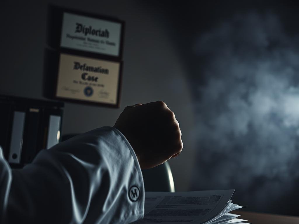 A dimly lit professional office, a physician's diploma hanging on the wall, is cast in somber tones. In the foreground, a physician's hand trembles as they review medical records, the weight of reputation and career uncertainty palpable. The middle ground features a news headline about a defamation case, casting an ominous shadow over the scene. The background is hazy, suggesting the murky, unpredictable nature of public perception. Dramatic chiaroscuro lighting emphasizes the gravity of the situation, creating a sense of unease and the fragility of a physician's standing. A dimly lit professional office, a physician's diploma hanging on the wall, is cast in somber tones. In the foreground, a physician's hand trembles as they review medical records, the weight of reputation and career uncertainty palpable. The middle ground features a news headline about a defamation case, casting an ominous shadow over the scene. The background is hazy, suggesting the murky, unpredictable nature of public perception. Dramatic chiaroscuro lighting emphasizes the gravity of the situation, creating a sense of unease and the fragility of a physician's standing.