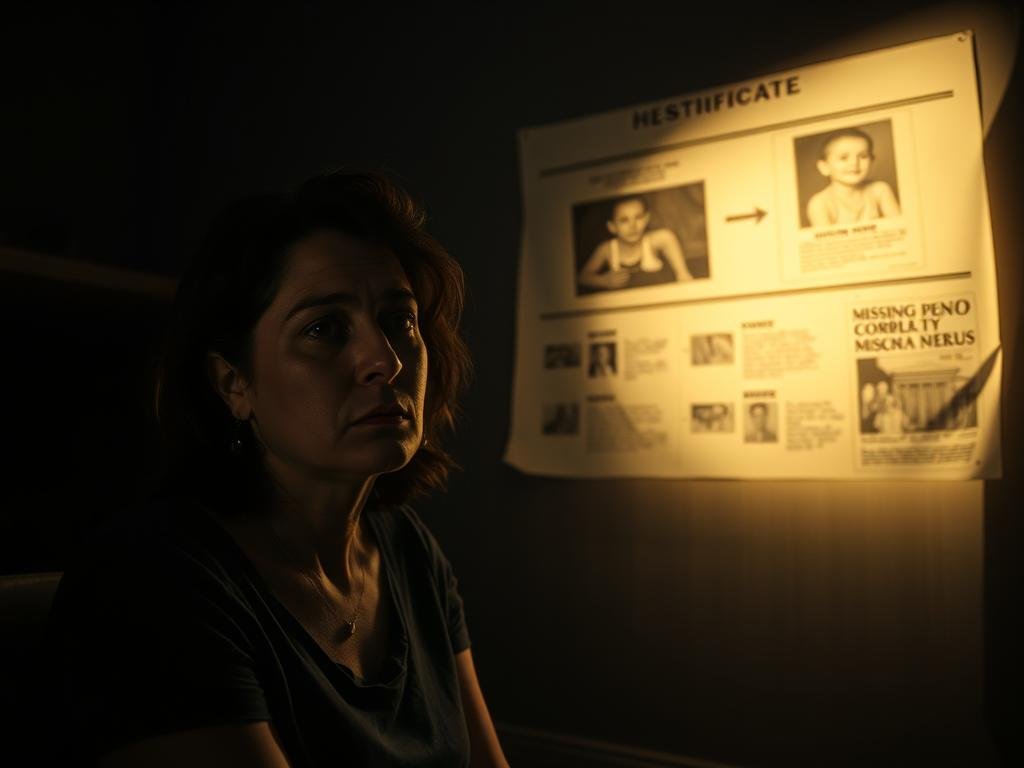 A dimly lit room, the air heavy with tension. In the foreground, a woman sits pensively, her face etched with a mix of determination and melancholy. The scene shifts, revealing a timeline of events unfolding in the background - a birth certificate, a missing person's poster, a news clipping, and a courtroom sketch. The lighting is dramatic, casting shadows that convey the weight of the story. The camera angle is slightly overhead, giving a sense of the magnitude of the situation. The atmosphere is somber, yet there is a glimmer of hope in the woman's expression, hinting at her unwavering resolve to find the answers she seeks.
