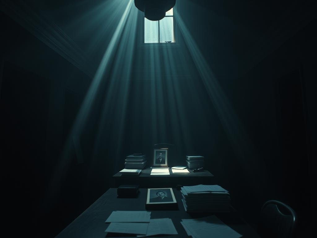 A dimly lit room, the shadows of "Project Homecoming" and the missing Robert Levinson looming large. Centered, a desk with classified documents and a lone photograph, conveying the weight of the unsolved mystery. Beams of light from a high window cast an ominous glow, as if shining a spotlight on this tangled web of intrigue. The atmosphere is tense, with a sense of unresolved questions and the pursuit of truth. The camera angle is slightly elevated, creating a sense of surveillance and investigation, inviting the viewer to delve deeper into this captivating narrative.