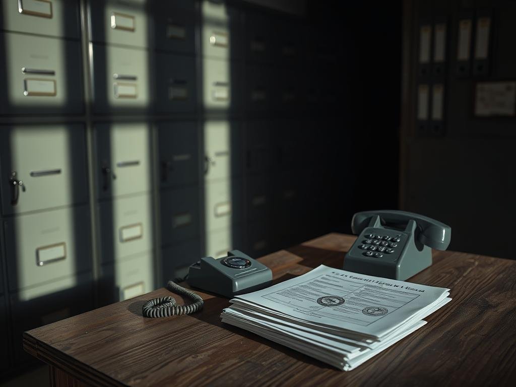A dimly lit room, the walls adorned with rows of filing cabinets and binders, casting long shadows across the scene. In the foreground, a weathered wooden table holds a stack of documents, their pages bearing the official seals and stamps of the legal system. Beside them, a vintage landline phone sits, its coiled cord a tangible connection to a world of incarceration and communication. The overall atmosphere is one of somber contemplation, as the viewer is invited to ponder the weight and significance of the public records and jail communications that occupy this space.