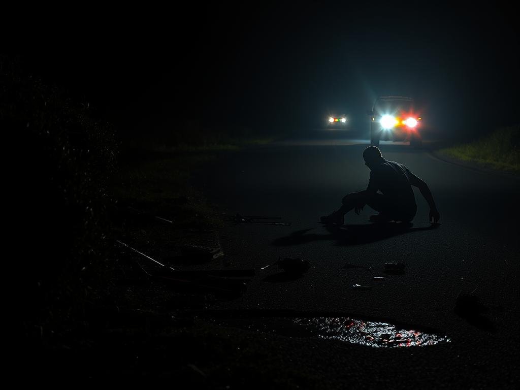 A dimly lit rural road at night. In the foreground, a shadowy figure crouches behind a bush, clutching a weapon. Pools of blood and scattered debris litter the ground. Farther back, a wrecked vehicle sits on the side of the road, its headlights shining into the darkness. The air is thick with tension and the eerie silence is broken only by the distant sound of sirens. The scene is captured with a wide-angle lens, conveying a sense of isolation and unease. The overall mood is one of suspense and the aftermath of a violent encounter.