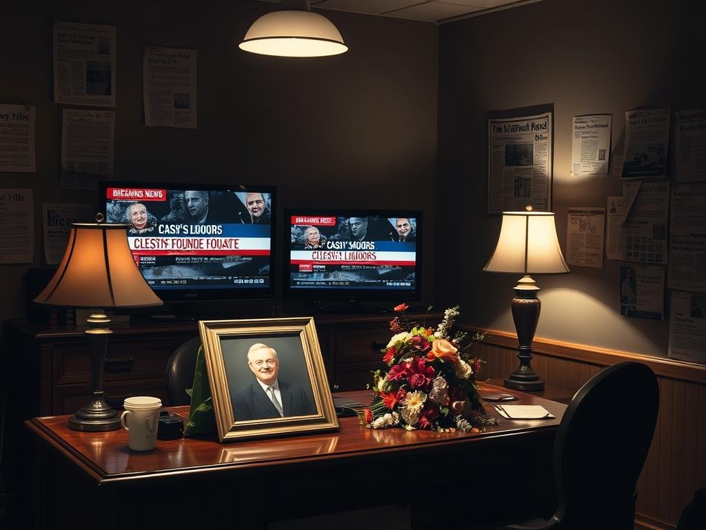 A dimly lit, somber office setting with a wooden desk, an old-fashioned lamp, and a television displaying breaking news updates. On the desk, a framed photograph of the late Cash Moore, founder of Cash's Liquors, surrounded by fresh floral arrangements. The walls are adorned with newspaper clippings and memorial cards, conveying the gravity of the situation. Soft, muted lighting casts shadows, creating an atmosphere of reverence and contemplation. The scene exudes a sense of trusted reporting, timely information, and the honoring of a life well-lived.