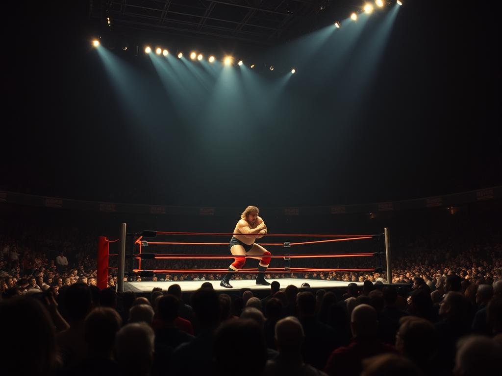A dimly lit wrestling arena, the spotlight shining on the towering figure of André the Giant, his massive frame dwarfing his opponent in the final match of his storied career. The audience holds their collective breath, the air thick with anticipation and reverence for this larger-than-life legend. In the middle of the ring, the Giant grapples with his foe, his movements powerful and precise, a testament to the decades of grueling battles that have led to this moment. Beyond the ring, the arena is dotted with fans, their faces a blend of awe and sadness, knowing they are witnessing the end of an era. The lighting casts dramatic shadows, adding an air of melancholy to the scene as the Giant takes his final bow, the curtain falling on his illustrious career. A dimly lit wrestling arena, the spotlight shining on the towering figure of André the Giant, his massive frame dwarfing his opponent in the final match of his storied career. The audience holds their collective breath, the air thick with anticipation and reverence for this larger-than-life legend. In the middle of the ring, the Giant grapples with his foe, his movements powerful and precise, a testament to the decades of grueling battles that have led to this moment. Beyond the ring, the arena is dotted with fans, their faces a blend of awe and sadness, knowing they are witnessing the end of an era. The lighting casts dramatic shadows, adding an air of melancholy to the scene as the Giant takes his final bow, the curtain falling on his illustrious career.