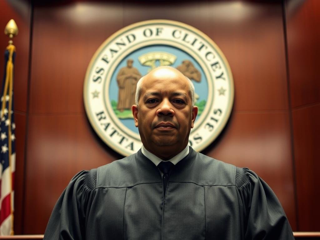 A distinguished man in a judicial robe, Clifton Drake, stands with a reserved yet authoritative presence in a well-appointed courtroom. The Santa Rosa County seal is prominently displayed on the wall behind him, framing the scene. The lighting is warm and focused, creating a sense of gravitas. The camera angle is slightly low, emphasizing Drake's position of power and responsibility. The mood is one of measured professionalism, reflecting the gravity of his new role as a circuit court judge and the impact his decisions will have on the local community.