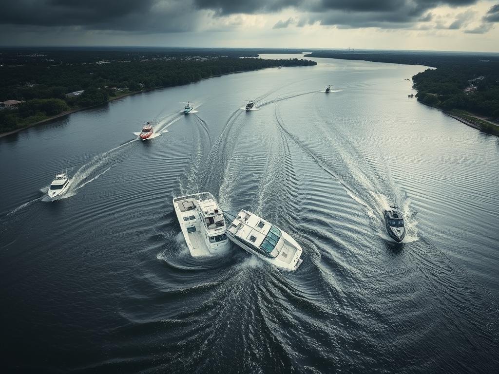 A dramatic aerial view of the St. Johns River in Brevard County, Florida. In the center, two collided vessels lie partially submerged, surrounded by churning waters. Emergency responders rush to the scene, their boats and helicopters casting long shadows. The riverbanks are dotted with trees and buildings, the sky cloudy and ominous, heightening the sense of urgency. Capture the chaos and tragedy of this fatal boating incident with a cinematic, high-resolution perspective, using a wide-angle lens and natural lighting to convey the full scale of the disaster.
