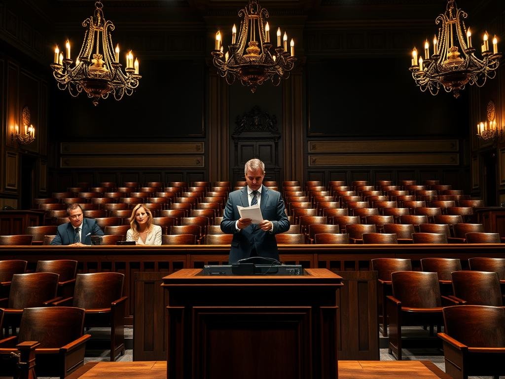 A dramatic courtroom scene illustrating "Mitigation, Proportionality, and Appellate Review Themes." In the foreground, a diverse panel of judges in professional business attire sits behind an imposing wooden bench, their expressions serious and contemplative. The middle layer features a lawyer passionately presenting notes to the court, embodying the themes of justice and advocacy. In the background, an elegant courtroom filled with rows of empty wooden benches, bathed in warm, soft lighting from antique chandeliers above, creates a solemn atmosphere. Shadows cast across the room amplify the weight of the moment, symbolizing the gravity of legal decisions. The camera angle captures a wide shot, emphasizing the grandeur of the courtroom and the complexity of the proceedings. The overall mood is reflective and serious, inviting contemplation on justice and fairness.