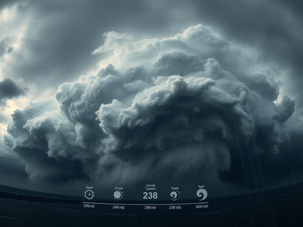 A dramatic panorama of Typhoon Megi, the strongest tropical cyclone on record, with its fierce 248 mph winds swirling against a dark, ominous sky. In the foreground, a towering wall of churning clouds and rain, casting an eerie, foreboding glow. The middle ground features a scale comparison, with smaller typhoon symbols and wind speed figures to convey the sheer power of Megi. In the distant background, glimpses of other record-breaking storms like Super Typhoon Nina and Hurricane Patricia, hinting at the extremes of nature's force. Moody, cinematic lighting accentuates the scale and intensity, captured through a wide-angle lens to emphasize the vastness of the scene.