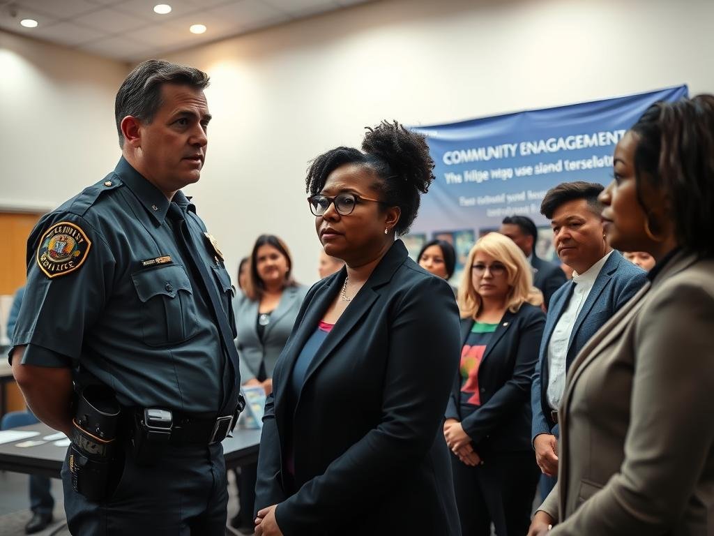 A dramatic scene depicting a community meeting in a well-lit civic center, focusing on law enforcement officers and community members. In the foreground, a police officer in a crisp uniform stands, expressing concern as he speaks to a diverse group of community members in professional attire. To the side, a woman in a modest business outfit listens intently, her expression reflecting both worry and hope. The middle ground features a table with informational brochures about community safety and resources. The background shows a banner promoting community engagement, with soft ambient lighting illuminating the faces of the attendees. The mood is serious yet collaborative, emphasizing the importance of community trust and safety. The angle is slightly elevated, allowing for a clear view of the interactions. A dramatic scene depicting a community meeting in a well-lit civic center, focusing on law enforcement officers and community members. In the foreground, a police officer in a crisp uniform stands, expressing concern as he speaks to a diverse group of community members in professional attire. To the side, a woman in a modest business outfit listens intently, her expression reflecting both worry and hope. The middle ground features a table with informational brochures about community safety and resources. The background shows a banner promoting community engagement, with soft ambient lighting illuminating the faces of the attendees. The mood is serious yet collaborative, emphasizing the importance of community trust and safety. The angle is slightly elevated, allowing for a clear view of the interactions.