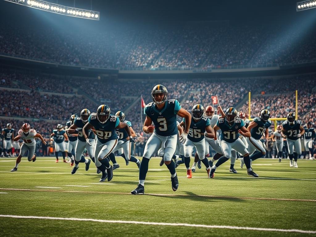 A dynamic NFL game unfolds, as the Jacksonville Jaguars dominate the field. In the foreground, the Jaguars' offense surges forward, their players moving with precision and power, carving out yardage through the defense. In the middle ground, the quarterback confidently scans the field, waiting for the perfect moment to unleash a precise pass. The crowd's roar fills the air, captured in the background by the stadium's towering stands and vibrant atmosphere. Dramatic lighting casts dynamic shadows, highlighting the intensity of the players' movements and the crowd's electric energy. A wide-angle lens captures the full scope of the game, showcasing the Jaguars' dominance and control as they surge towards a decisive victory. A dynamic NFL game unfolds, as the Jacksonville Jaguars dominate the field. In the foreground, the Jaguars' offense surges forward, their players moving with precision and power, carving out yardage through the defense. In the middle ground, the quarterback confidently scans the field, waiting for the perfect moment to unleash a precise pass. The crowd's roar fills the air, captured in the background by the stadium's towering stands and vibrant atmosphere. Dramatic lighting casts dynamic shadows, highlighting the intensity of the players' movements and the crowd's electric energy. A wide-angle lens captures the full scope of the game, showcasing the Jaguars' dominance and control as they surge towards a decisive victory.