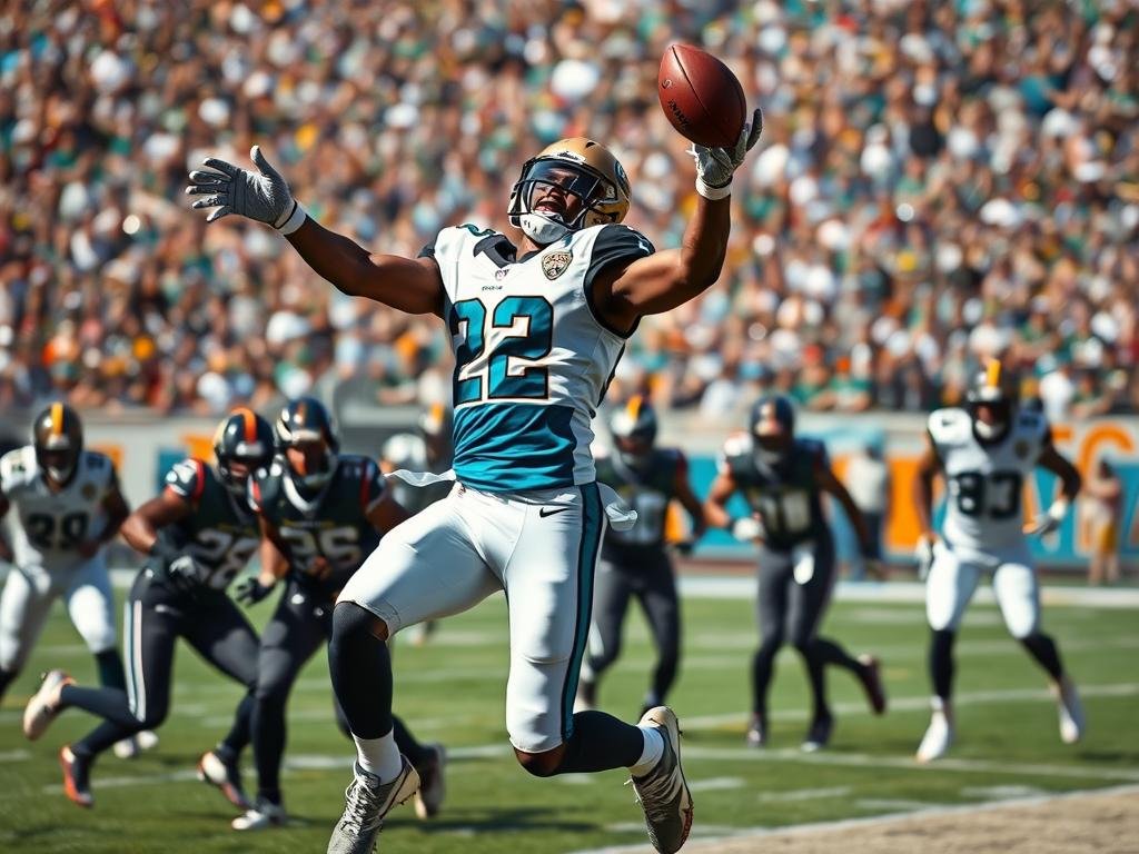 A dynamic football scene captures Antonio Johnson, a defensive back for the Jacksonville Jaguars, in mid-air as he intercepts a pass. The play unfolds under crisp, natural lighting, frozen in time with a shallow depth of field that draws the eye to the player's focused expression and outstretched arms. In the background, the emerging secondary of the Jaguars' defense can be seen converging, their coordinated movements hinting at the team's renewed defensive prowess. The image conveys the intensity and excitement of a crucial play, reflecting the Jaguars' newfound dominance on the field.