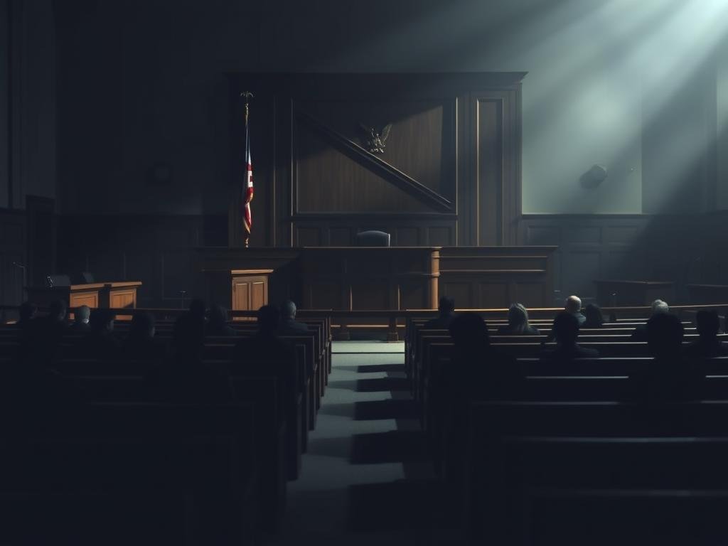 A formal courtroom setting, dimly lit with a sense of gravity. In the foreground, the judge's bench stands elevated, casting a long shadow. Flanking the bench, the defense and prosecution tables sit empty, awaiting the upcoming proceedings. In the middle ground, rows of wooden benches face the bench, their occupants obscured in shadow, conveying a hushed anticipation. The background is hazy, with muted colors suggesting the weight of the legal process. An air of tension permeates the scene, hinting at the high-stakes nature of the request to restrict evidence.