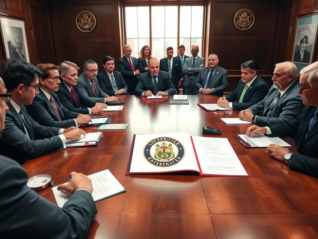 A formal office setting featuring a large wooden table surrounded by professional individuals in business attire, including city officials and law enforcement representatives, engaged in a serious discussion. The foreground shows a diverse group discussing documents and reports, with expressions of determination and focus. In the middle, an open folder displaying a city emblem and official documents is prominently placed on the table. The background includes a large window with natural light streaming in, casting a warm yet serious atmosphere. The overall mood is one of accountability and professionalism, emphasizing the weight of the official responses being deliberated. The angle is captured from a slightly elevated perspective to encompass the entire scene in a clear, detailed view. A formal office setting featuring a large wooden table surrounded by professional individuals in business attire, including city officials and law enforcement representatives, engaged in a serious discussion. The foreground shows a diverse group discussing documents and reports, with expressions of determination and focus. In the middle, an open folder displaying a city emblem and official documents is prominently placed on the table. The background includes a large window with natural light streaming in, casting a warm yet serious atmosphere. The overall mood is one of accountability and professionalism, emphasizing the weight of the official responses being deliberated. The angle is captured from a slightly elevated perspective to encompass the entire scene in a clear, detailed view.