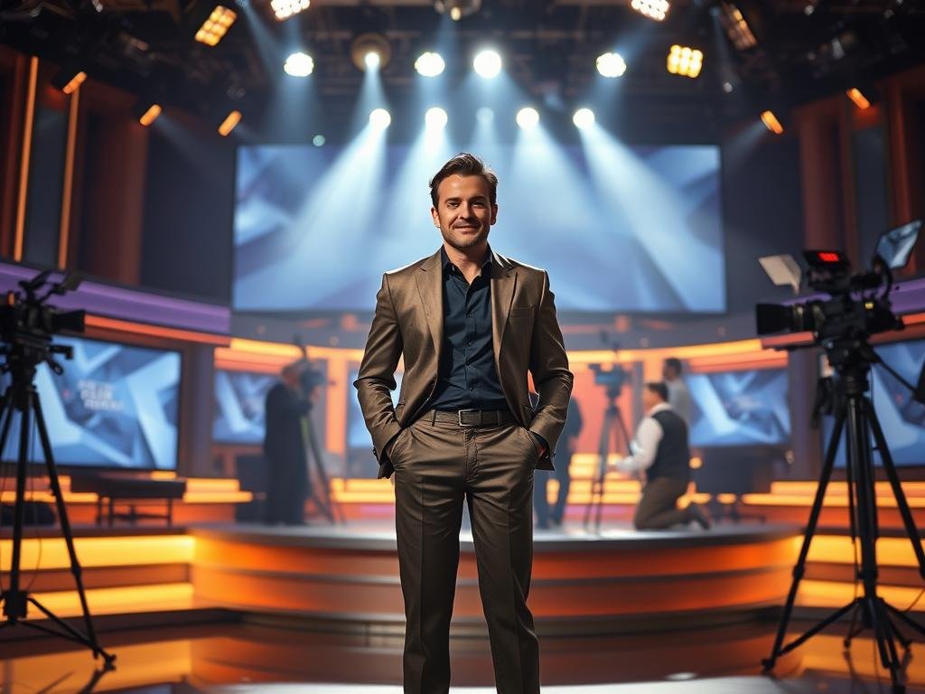 A glamorously lit television studio, with a sleek and modern set design. In the center, a confident and charismatic television host stands tall, dressed in a stylish and professional outfit, ready to command the attention of the audience. The lighting casts dramatic shadows, highlighting the host's features and creating an air of authority and poise. In the background, various television cameras, production equipment, and crew members are visible, adding to the sense of a thriving and dynamic television environment. The overall scene conveys the energy, excitement, and prestige of a successful television personality, capturing the essence of the "Career Highlights: Television Host and TV Personality" theme.