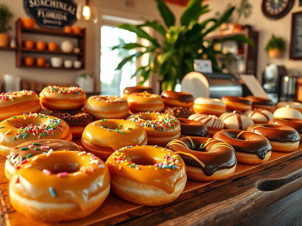 A gourmet display of mouthwatering doughnuts in a cozy Florida bakery, bathed in warm, golden lighting. Crisp glazed rings dusted with rainbow sprinkles, decadent chocolate-filled pillows, and creative flavors like key lime, guava, and coconut cream. The display is presented on a rustic wooden counter, with a vintage cash register and leafy tropical plants in the background, creating a charming and inviting atmosphere. The camera angle is slightly low, emphasizing the tempting details of the doughnuts and the overall ambiance of the shop. A gourmet display of mouthwatering doughnuts in a cozy Florida bakery, bathed in warm, golden lighting. Crisp glazed rings dusted with rainbow sprinkles, decadent chocolate-filled pillows, and creative flavors like key lime, guava, and coconut cream. The display is presented on a rustic wooden counter, with a vintage cash register and leafy tropical plants in the background, creating a charming and inviting atmosphere. The camera angle is slightly low, emphasizing the tempting details of the doughnuts and the overall ambiance of the shop.