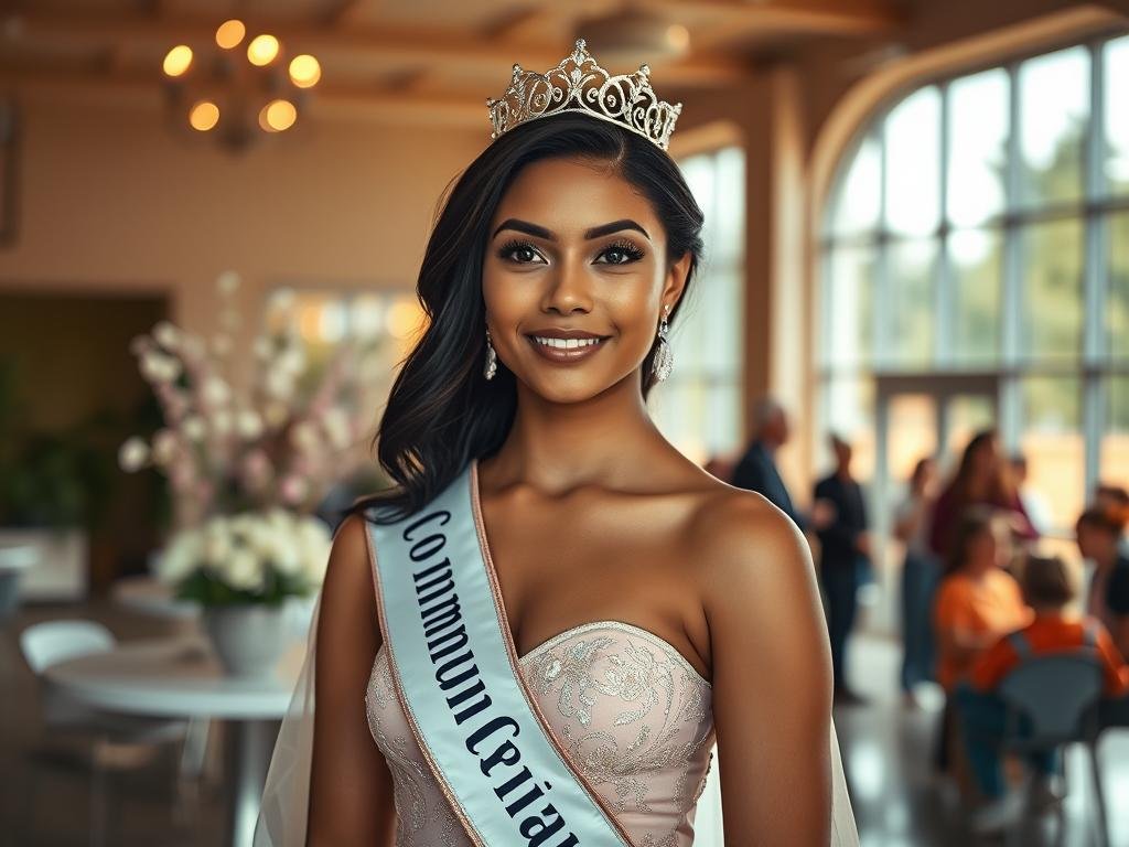 A graceful young woman in elegant pageant attire stands proudly in the foreground, embodying beauty and confidence. Her expression is serene yet strong, reflecting her commitment to service and community. Surrounding her are soft, glowing lights, highlighting her as the focal point of the image. In the middle ground, visualize a backdrop of a serene community center adorned with delicate floral arrangements, symbolizing support and remembrance. Soft, warm sunlight filters through large windows, casting gentle reflections that foster an uplifting atmosphere. In the background, a faint hint of a community gathering hints at a sense of unity and shared purpose. The overall mood is one of hope, resilience, and honoring a legacy, captured with a shallow depth of field for an intimate feeling, as if inviting viewers to connect with her inspiring journey.
