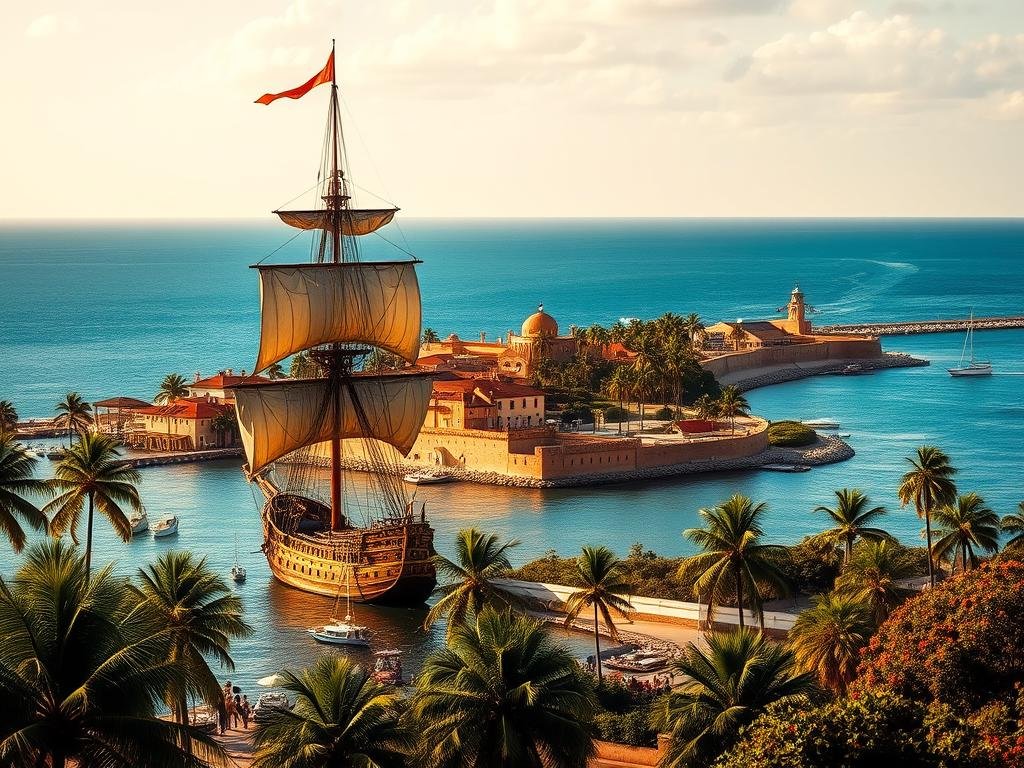A grand Spanish galleon with billowing sails dominates the foreground, anchored in a bustling harbor. In the middle ground, sun-drenched adobe buildings and fortified walls dot the coastline, marking the newly founded city of St. Augustine. Lush palm trees and tropical foliage frame the scene, creating a vibrant, historic atmosphere. In the background, the vast blue expanse of the ocean stretches toward the horizon, hinting at the exploratory spirit that led the Spanish to this distant shore. The image is bathed in warm, golden light, reflecting the optimism and ambition of the Spanish colonization efforts. A sense of discovery and new beginnings permeates the scene.