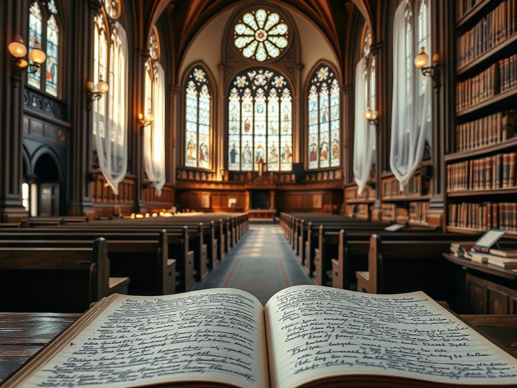 A grand cathedral, its ornate stained glass windows casting a warm, reverent glow. Rows of weathered wooden pews stand sentinel, hinting at generations of faithful worshippers. In the foreground, an open ledger reveals meticulous handwritten records, a tapestry of the community's heritage. Shelves of bound tomes line the walls, a library of history and tradition. Soft natural light filters through lacy curtains, imbuing the space with a timeless, contemplative ambiance. The air is thick with the scent of aged paper and the whispers of the past, a sacred space where the stories of a congregation come to life.