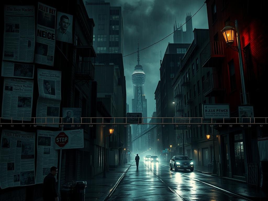 A gritty, cinematic timeline depicting the chain of events leading to Julio Foolio's tragic demise. In the foreground, a montage of news clippings, police reports, and surveillance footage chronicles the escalating tensions and violent confrontations between rival crews. The middle ground features a series of ominous alleyways, dimly lit street corners, and seedy back rooms, where the web of allegiances and vendettas unfolds. The background is a moody, rain-soaked cityscape, casting a somber pall over the proceedings, as if the very streets themselves bear witness to the unfolding drama. The overall tone is one of tension, foreboding, and the inescapable gravity of fate. Gritty, cinematic, and meticulously detailed, this timeline paints a vivid portrait of the events leading to Julio Foolio's demise. A gritty, cinematic timeline depicting the chain of events leading to Julio Foolio's tragic demise. In the foreground, a montage of news clippings, police reports, and surveillance footage chronicles the escalating tensions and violent confrontations between rival crews. The middle ground features a series of ominous alleyways, dimly lit street corners, and seedy back rooms, where the web of allegiances and vendettas unfolds. The background is a moody, rain-soaked cityscape, casting a somber pall over the proceedings, as if the very streets themselves bear witness to the unfolding drama. The overall tone is one of tension, foreboding, and the inescapable gravity of fate. Gritty, cinematic, and meticulously detailed, this timeline paints a vivid portrait of the events leading to Julio Foolio's demise.