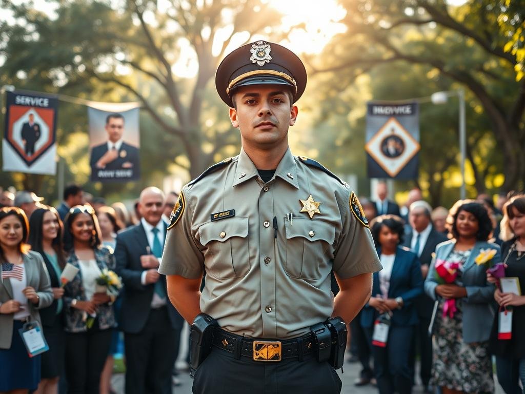 A heartfelt tribute scene depicting Deputy Brandon Sikes standing proud in his uniform, showcasing his commitment to service and community. In the foreground, he is flanked by a diverse group of community members, dressed in professional attire, holding symbols of appreciation like flowers and small American flags. The middle ground features a serene park setting with banners and posters highlighting themes of service and sacrifice. In the background, soft sunlight filters through the trees, creating a warm and uplifting atmosphere. The image should be captured with a slight upward angle, emphasizing the deputy's heroism and connection to the community. The overall mood is one of honor and respect, conveying gratitude and unity.