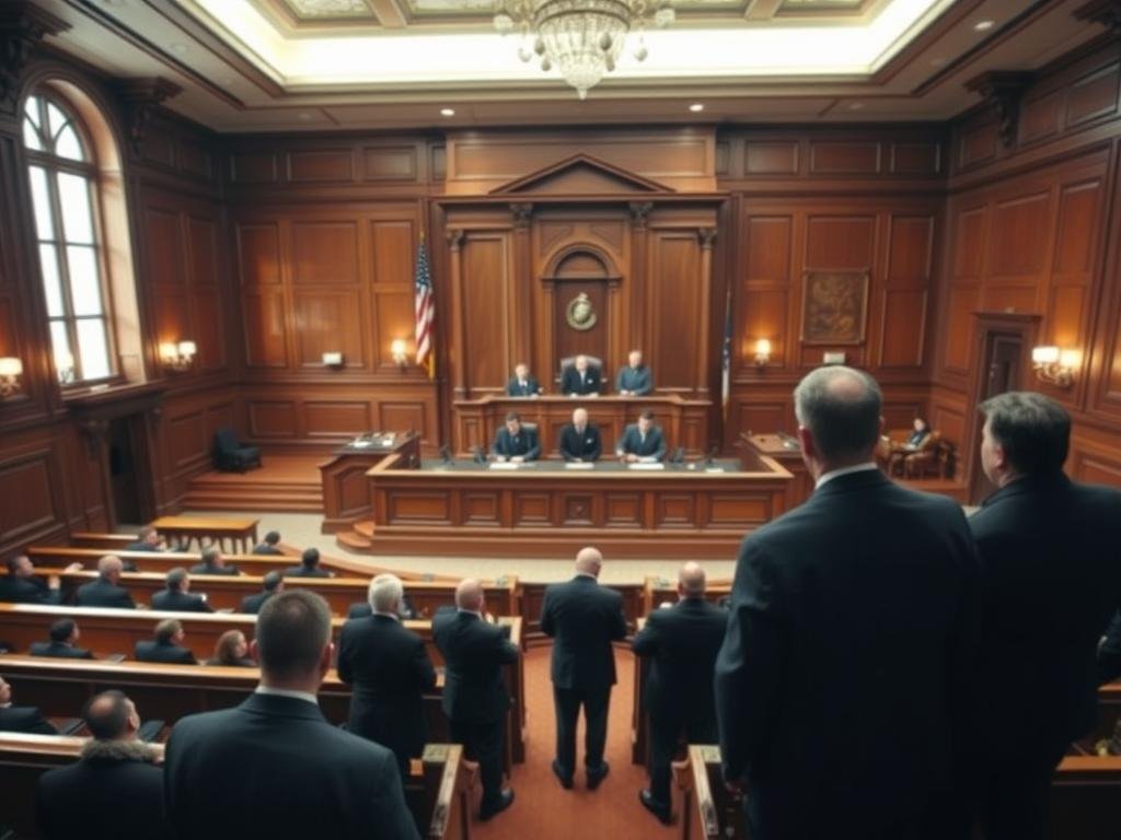 A high-angle shot of a courtroom interior, with ornate wooden benches and an elevated judge's bench in the background. In the foreground, a group of people in formal attire, presumably lawyers and defendants, stand before the bench, engaged in a tense legal proceeding. The lighting is a mix of warm, natural light from windows and the cool, fluorescent glow of the courtroom. The overall atmosphere is one of gravity and legal formality, with a sense of importance and consequence surrounding the proceedings. A high-angle shot of a courtroom interior, with ornate wooden benches and an elevated judge's bench in the background. In the foreground, a group of people in formal attire, presumably lawyers and defendants, stand before the bench, engaged in a tense legal proceeding. The lighting is a mix of warm, natural light from windows and the cool, fluorescent glow of the courtroom. The overall atmosphere is one of gravity and legal formality, with a sense of importance and consequence surrounding the proceedings.