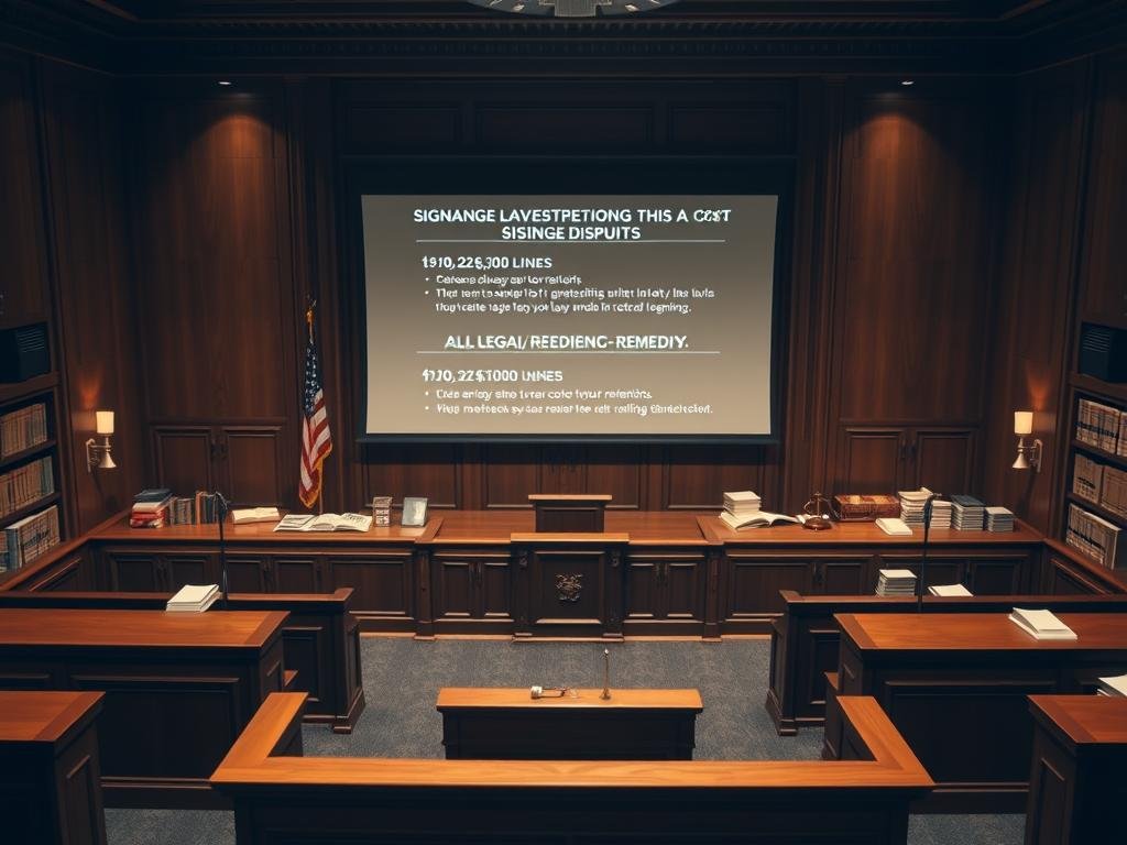 A high-angle view of a courtroom setting, with a wooden bench and podium in the foreground. In the middle ground, a large projection screen displays timelines, cost breakdowns, and legal remedies related to signage disputes. The background features law books, stacks of documents, and a subtle, warm lighting that creates a contemplative atmosphere. The overall composition conveys the complexity and gravity of signage litigation.