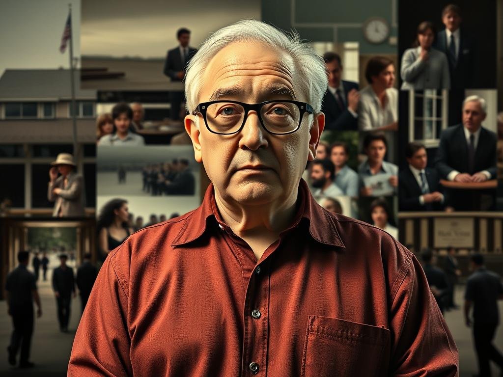 A high-contrast, cinematic portrait of Ben Stein against a backdrop of iconic movie scenes and cultural references. In the foreground, Stein stands in a contemplative pose, his signature monotone expression conveying a sense of dry wit and intellectual gravitas. Behind him, a collage of memorable moments from his filmography - from the deserted school halls of "Ferris Bueller's Day Off" to the courtroom drama of "The Wonder Years." In the middle ground, glimpses of Stein's broader cultural impact, from his role as a game show host to his political commentary. The lighting is dramatic, with sharp shadows and highlights that enhance the sense of Stein's enduring presence in the public consciousness. The overall tone is one of thoughtful reflection on the multifaceted legacy of this unique American figure.