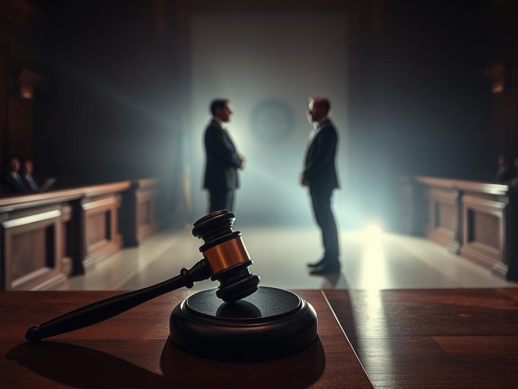A high-contrast courtroom scene with dramatic lighting. In the foreground, a judge's gavel rests on a wooden bench, casting a long shadow. In the middle ground, two figures in suits stand facing each other, engaged in a tense legal discussion. The background is hazy, with the faint outlines of a jury box and spectators' gallery. The overall atmosphere is one of serious deliberation and the weight of judicial proceedings.