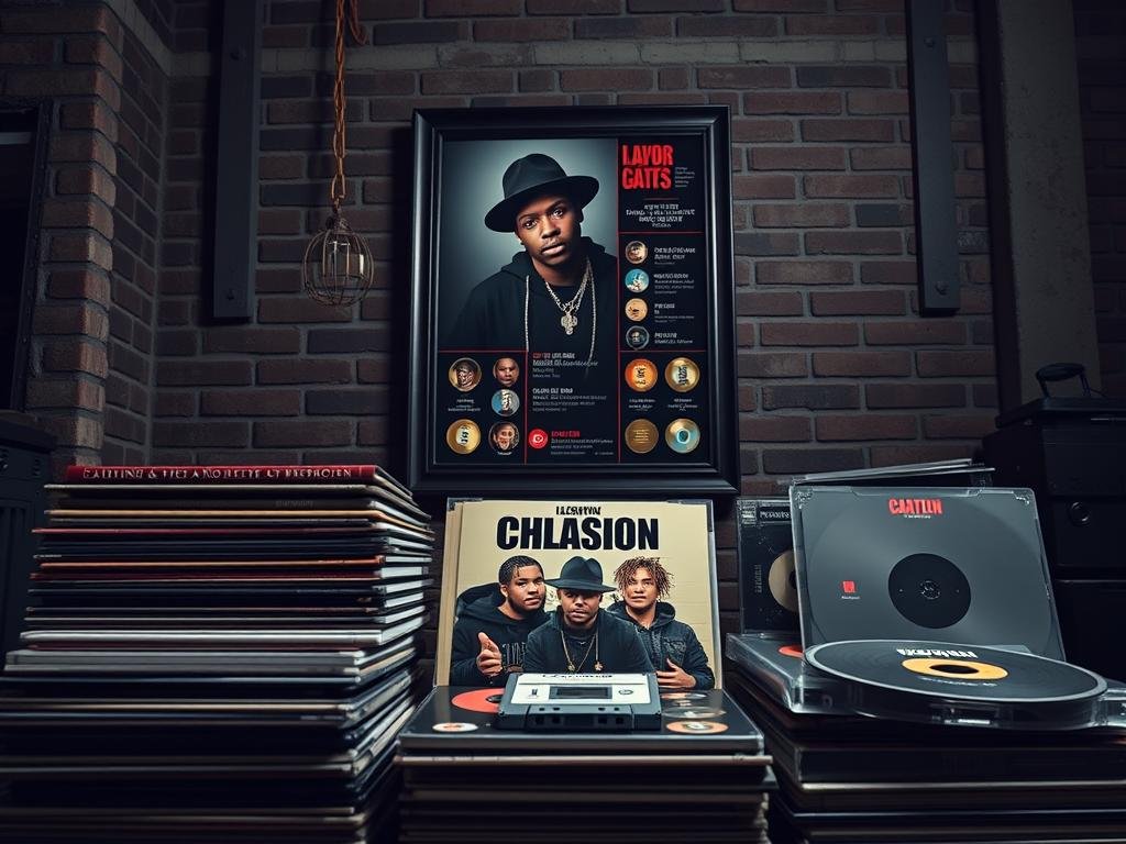 A high-contrast, documentary-style image of a music catalog and career highlights of a rapper. The foreground shows a stack of vinyl records, cassette tapes, and CDs, with album covers that feature the rapper's name, portrait, and song titles. In the middle ground, a framed poster displays the rapper's discography and major awards. The background has a muted, industrial setting with exposed brick walls, dim lighting, and a sense of urban grit, conveying the rapper's origins and rise to prominence. The overall tone is one of artistic seriousness and professional accomplishment. A high-contrast, documentary-style image of a music catalog and career highlights of a rapper. The foreground shows a stack of vinyl records, cassette tapes, and CDs, with album covers that feature the rapper's name, portrait, and song titles. In the middle ground, a framed poster displays the rapper's discography and major awards. The background has a muted, industrial setting with exposed brick walls, dim lighting, and a sense of urban grit, conveying the rapper's origins and rise to prominence. The overall tone is one of artistic seriousness and professional accomplishment.