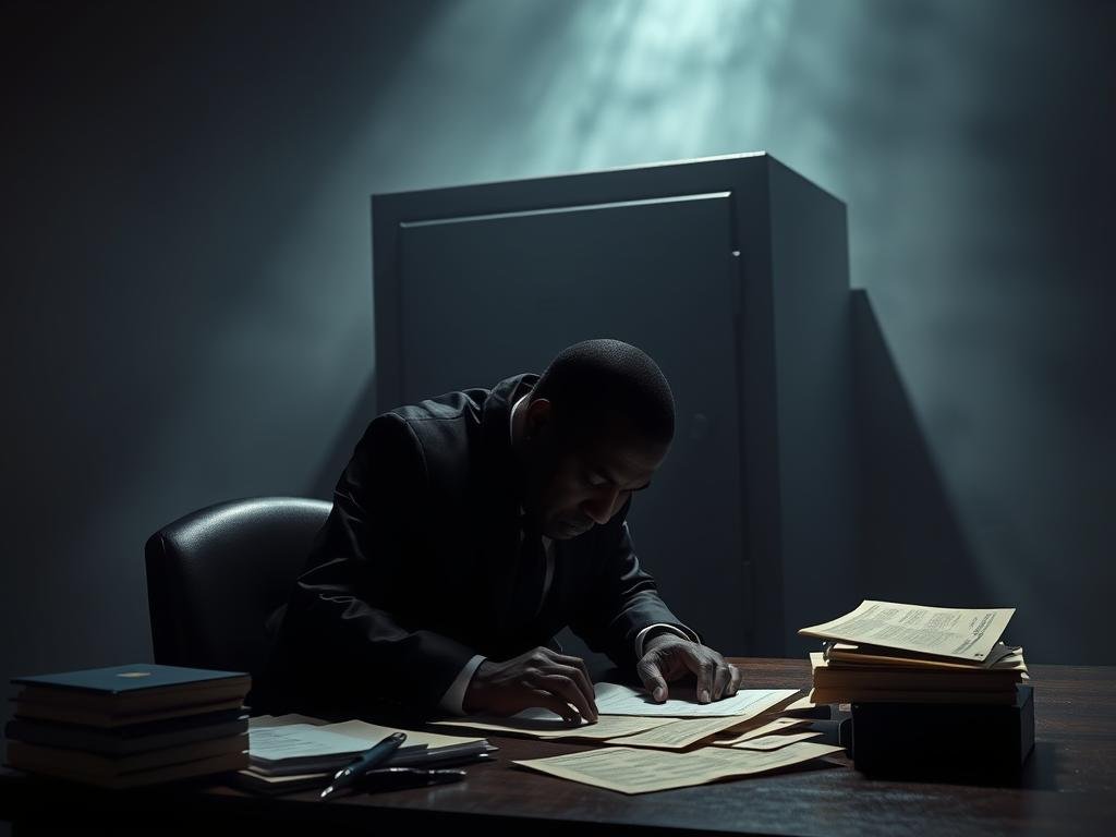 A high-contrast scene depicting a complex financial scheme involving Social Security fraud. In the foreground, a shadowy figure hunches over a desk, meticulously manipulating financial documents. Behind them, a large, ominous safe looms, hinting at the ill-gotten gains at the heart of the Bowles case. The background is shrouded in an atmosphere of secrecy and unease, with muted colors and soft, dramatic lighting casting dramatic shadows. The overall mood is one of tension and intrigue, capturing the financial motive and deceit at the core of this case.