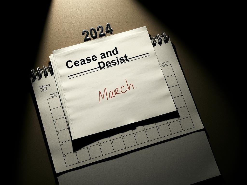 A high-contrast scene with a legal document titled "Cease and Desist" laid atop a calendar open to March 2024. The document casts a dramatic shadow, symbolizing the looming deadline. The background is a somber, muted palette, drawing focus to the key elements. Dramatic side lighting accentuates the textures and adds a sense of tension. The composition is balanced, with the calendar and document placed in the golden ratio. The overall mood is one of impending legal action and the impending deadline for a significant event.