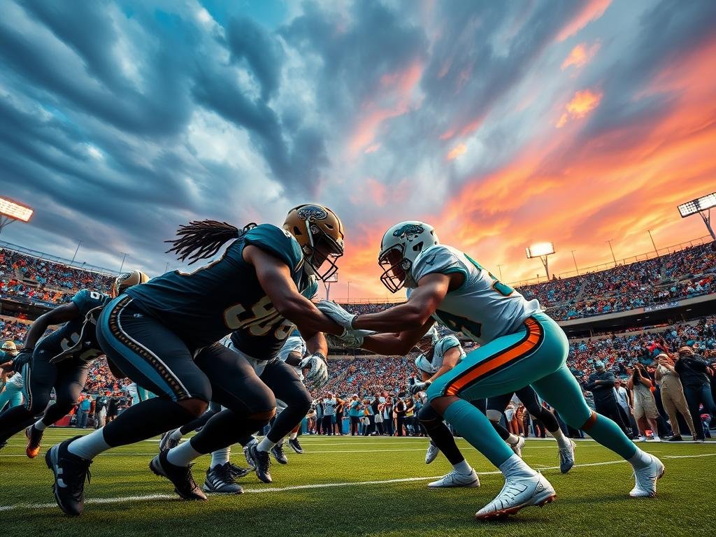 A high-intensity NFL match-up between the Jacksonville Jaguars and Miami Dolphins, captured through a dynamic sports photography lens. The foreground features the two teams' star players engaged in a fierce on-field rivalry, their expressions intense and bodies locked in a tense struggle. The middle ground showcases the stadium's energy, with fans passionately cheering from the bleachers. In the background, a dramatic sky with swirling clouds and vibrant hues sets the tone for this critical Florida-based NFL showdown. Lighting is dramatic, with dynamic shadows and highlights accentuating the players' movements. The overall composition conveys the strategic clash, competitive spirit, and high-stakes nature of this gripping NFL match-up. A high-intensity NFL match-up between the Jacksonville Jaguars and Miami Dolphins, captured through a dynamic sports photography lens. The foreground features the two teams' star players engaged in a fierce on-field rivalry, their expressions intense and bodies locked in a tense struggle. The middle ground showcases the stadium's energy, with fans passionately cheering from the bleachers. In the background, a dramatic sky with swirling clouds and vibrant hues sets the tone for this critical Florida-based NFL showdown. Lighting is dramatic, with dynamic shadows and highlights accentuating the players' movements. The overall composition conveys the strategic clash, competitive spirit, and high-stakes nature of this gripping NFL match-up.