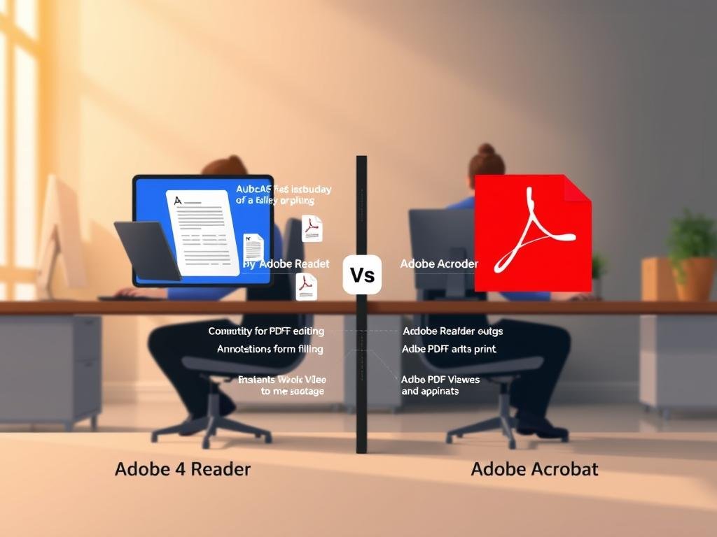 A high-quality digital illustration depicting a side-by-side comparison of use cases for Adobe Reader and Adobe Acrobat. In the foreground, two professional computer users are engaged in distinct document workflows, one using Adobe Reader and the other Adobe Acrobat. The middle ground showcases key features of each application, such as PDF editing, annotation, and form filling for Acrobat, and basic PDF viewing and printing for Reader. The background features a soft, blurred office environment with muted colors to maintain focus on the central comparison. Warm, directional lighting from the left casts subtle shadows, enhancing the sense of depth and three-dimensionality. The overall mood is professional, informative, and visually striking, serving to clearly illustrate the differences between these two Adobe PDF applications.