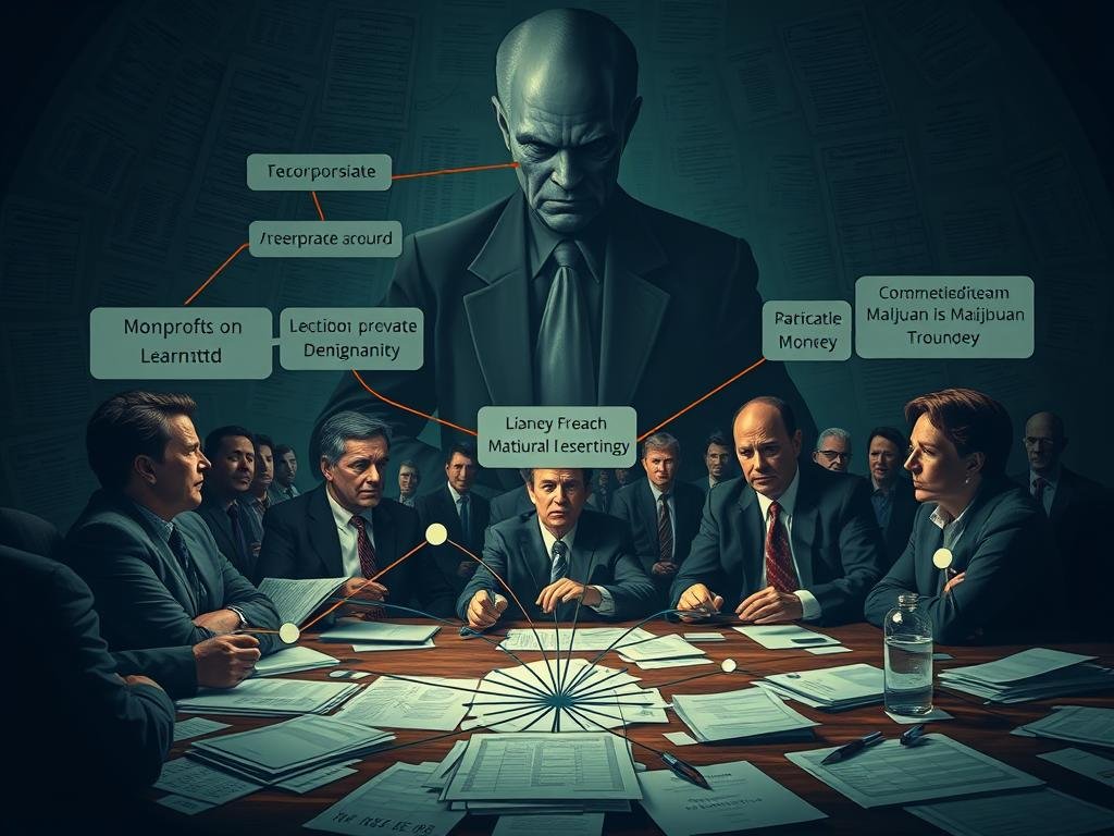 A high-resolution, photorealistic image depicting the complex flow of money between nonprofits, PACs, and a marijuana referendum. Set against a dimly lit backdrop of financial documents and ledgers, the foreground features a series of interconnected nodes and arrows, visualizing the intricate web of transactions. The middle ground showcases representatives from various organizations, their expressions conveying a sense of negotiation and influence. In the background, a looming presence of a larger-than-life figure, representing a powerful political entity, casts an ominous shadow over the proceedings. The image is rendered with a sense of tension and unease, capturing the essence of the subject matter.