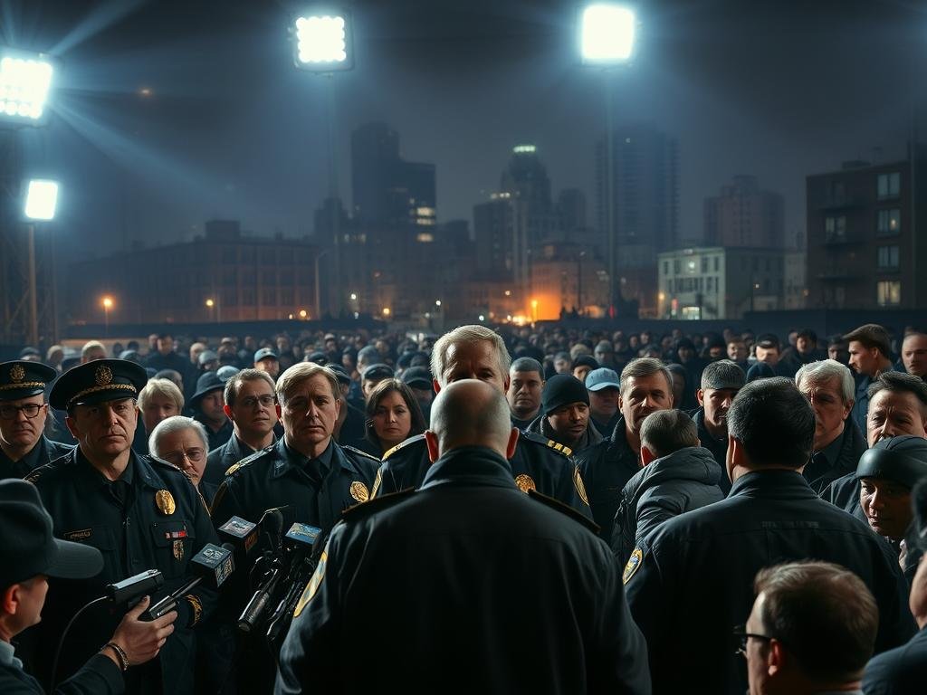 A high-tension scene of a police press conference, backlit by harsh floodlights casting dramatic shadows. In the foreground, a group of serious-faced officers stand at a podium, delivering stern announcements about arrests and suspects. The middle ground features a crowd of reporters and onlookers, their faces filled with intensity and anticipation. In the background, a gritty urban landscape with towering buildings, hinting at the broader context of the investigation. The overall mood is one of gravity and urgency, conveying the significance of the situation being reported. A high-tension scene of a police press conference, backlit by harsh floodlights casting dramatic shadows. In the foreground, a group of serious-faced officers stand at a podium, delivering stern announcements about arrests and suspects. The middle ground features a crowd of reporters and onlookers, their faces filled with intensity and anticipation. In the background, a gritty urban landscape with towering buildings, hinting at the broader context of the investigation. The overall mood is one of gravity and urgency, conveying the significance of the situation being reported.