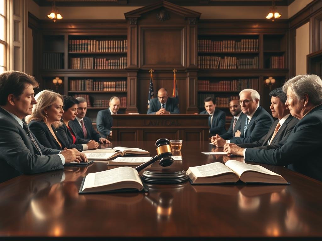 A historical courtroom scene focusing on the evolution of Florida's capital-sentencing law. In the foreground, show a diverse group of legal professionals in professional business attire, engaged in a serious discussion, with open law books and documents spread across a polished wooden table. In the middle ground, portray a large wooden judge's bench and an imposing gavel. The background features old and modern law books on shelves, symbolizing the transition over time. The lighting is warm and focused, creating a somber yet reflective mood. Use a slightly low angle to emphasize the grandeur of the courtroom, evoking a sense of history and gravitas related to justice and sentencing laws. The overall atmosphere should be serious and contemplative, capturing the essence of legal evolution.