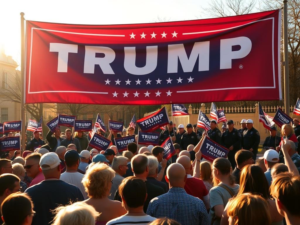 A large Trump banner dominates the foreground, its bold red, white, and blue design commanding attention. In the middle ground, people gather, some waving smaller Trump flags, engaged in lively discussion under the warm glow of an afternoon sun. In the background, a local police presence stands vigilant, maintaining order as citizens exercise their right to free speech. The scene conveys a charged, politically-charged atmosphere, where differing views coexist, creating a palpable tension. The image is captured with a wide-angle lens, emphasizing the scale and scope of the event, while the warm, golden lighting lends a sense of timelessness to the moment.