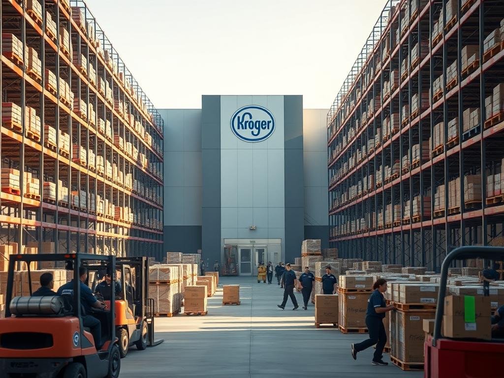 A large, modern distribution center stands in the center of the frame, its sleek exterior and towering shelves symbolizing the efficiency and scale of Kroger's logistics operations. In the foreground, forklifts move pallets of goods, while workers in uniforms scurry about, their expressions conveying a sense of uncertainty. The background is hazy, suggesting an impending change or disruption. The lighting is natural, with soft shadows casting a pensive mood over the scene. The overall composition evokes the transition and challenges Kroger faces as it shutters its Florida fulfillment center, leaving 181 workers in Jacksonville facing an uncertain future.